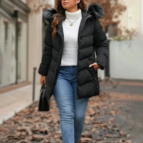 Jackets & Blazers - Black Casual Women's Plus Size Quilted Hooded Long Sleeve Mid-Length Padded Coat